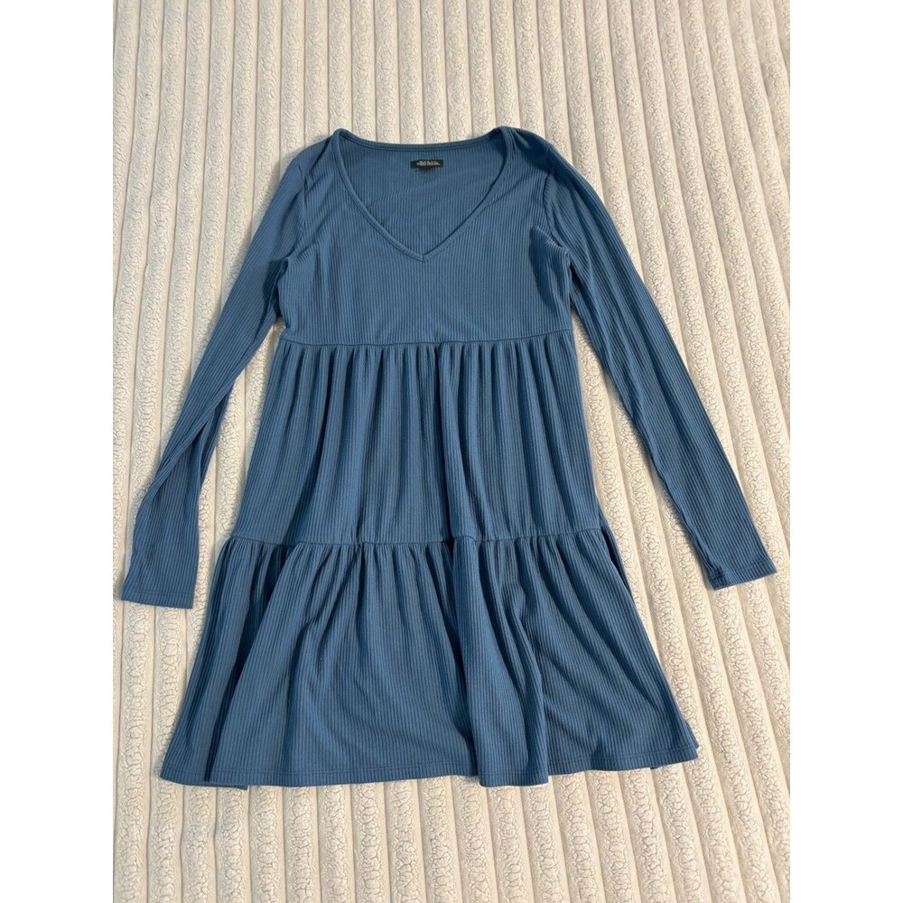 Wild Fable Tiered V-Neck ribbed Long Sleeve Mini Dress women’s small blue fall